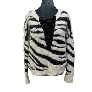 Express Zebra Print Edgy Rock Chic Clubwear Y2K Fuzzy Lace Up V‎ Neck Sweater Lg